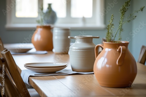 rustic clay dinner set with a pitcher on an oak dining table