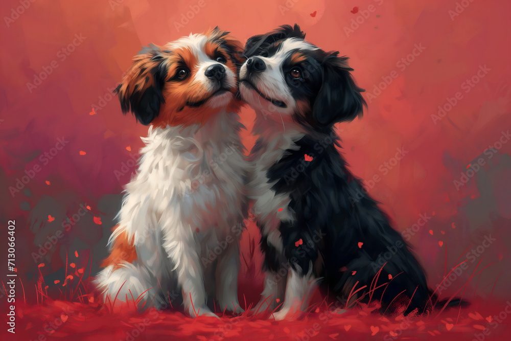 Greeting card on Valentine's Day with a couple of dogs in love.