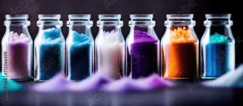 Sensory Symphony Closeup view of vibrant, colorful bath salt in elegant glass bottles on a sleek black background