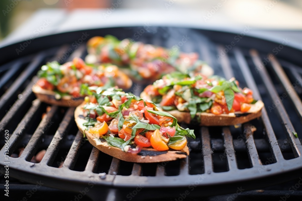 bruschetta on a grill pan with charred edges, tomatoes and basil ready to serve bruschetta on a grill pan with charred edges, tomatoes and basil ready to serve