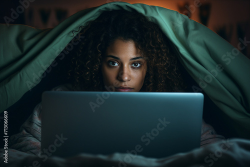 AI generated photo image of person lying on bed at late night and use smartphone