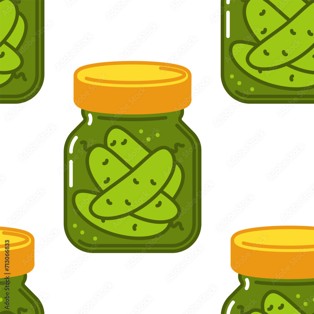 Pickled cucumbers in a jar vector cartoon seamless pattern background for wallpaper, wrapping, packing, and backdrop. Pickled cucumbers in a jar vector cartoon seamless pattern background for wallpaper, wrapping, packing, and backdrop.