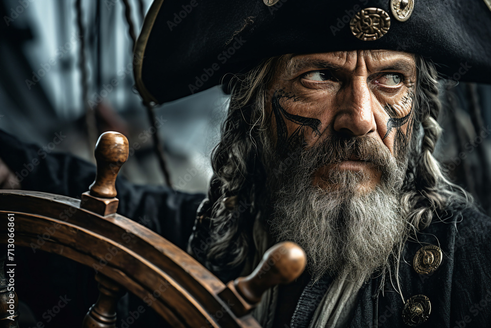 Naklejka premium Generative AI image of man bearded pirate in a hat swim on boat in the sea