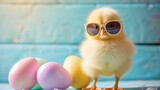 Adorable Fluffy Yellow Chick with Oversized Sunglasses Beside Pastel Easter Eggs, Cute and Humorous Springtime Celebration, Playful Whimsical Easter Scen