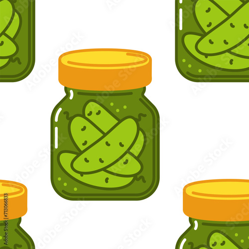 Pickled cucumbers in a jar vector cartoon seamless pattern background for wallpaper, wrapping, packing, and backdrop.
