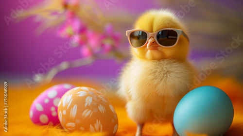 Adorable Fluffy Yellow Chick with Oversized Sunglasses Beside Pastel Easter Eggs, Cute and Humorous Springtime Celebration, Playful Whimsical Easter Scen