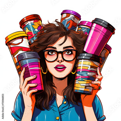 Individual with a lot of takeaway coffee cups, suggesting excessive caffeine consumption isolated on white background, pop-art, png
 photo