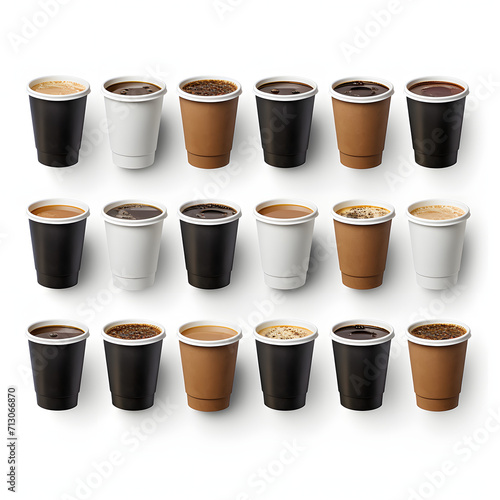 Individual with a lot of takeaway coffee cups, suggesting excessive caffeine consumption isolated on white background, realistic, png
 photo