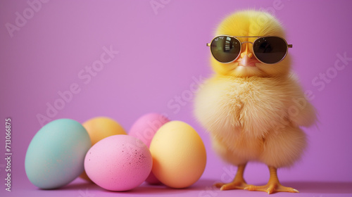 Adorable Fluffy Yellow Chick with Oversized Sunglasses Beside Pastel Easter Eggs, Cute and Humorous Springtime Celebration, Playful Whimsical Easter Scen © Michael