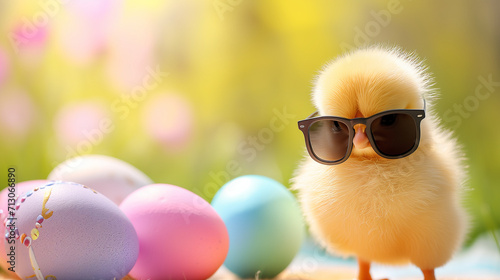 Adorable Fluffy Yellow Chick with Oversized Sunglasses Beside Pastel Easter Eggs, Cute and Humorous Springtime Celebration, Playful Whimsical Easter Scen © Michael