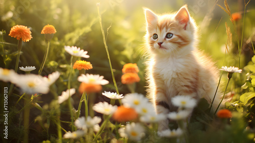 Adorable kitten sitting in flowers