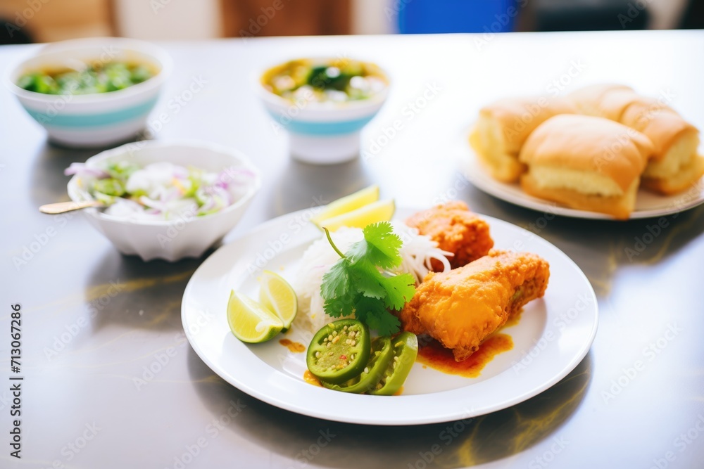 fresh vada pav on a white plate, green chili on side