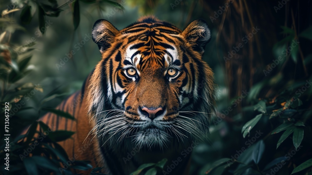 wall poster of tiger in jungle with close-up intensity style, saturated color scheme wall poster of tiger in jungle with close-up intensity style, saturated color scheme