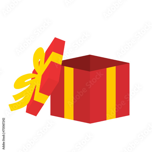 red gift box with yellow ribbon bow illustration isolated on white and transparent background. present suprise sale vector. open lid on the side of 3d red gift box