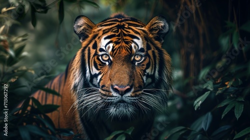 wall poster of tiger in jungle with close-up intensity style  saturated color scheme