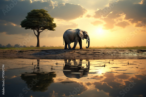 Majestic elephant at the water's edge on Earth Day. A mighty and imposing elephant stands confidently at the edge of a body of water, embodying the spirit of Earth Day.