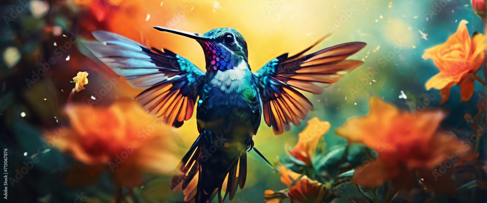 Obraz premium The Hummingbird in a Silhouette Double Exposure. In the background is a vibrant garden with blooming flowers and fluttering butterflies. Stylish in the style of double exposure