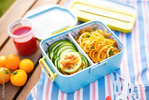 zoodles in a lunchbox with carrot sticks
