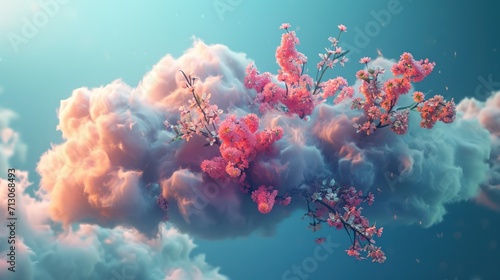 Fluffy cartoon cloud with colorful flowers. Spring mood. Greeting card for International Women's Day. Rain of flowers concept.