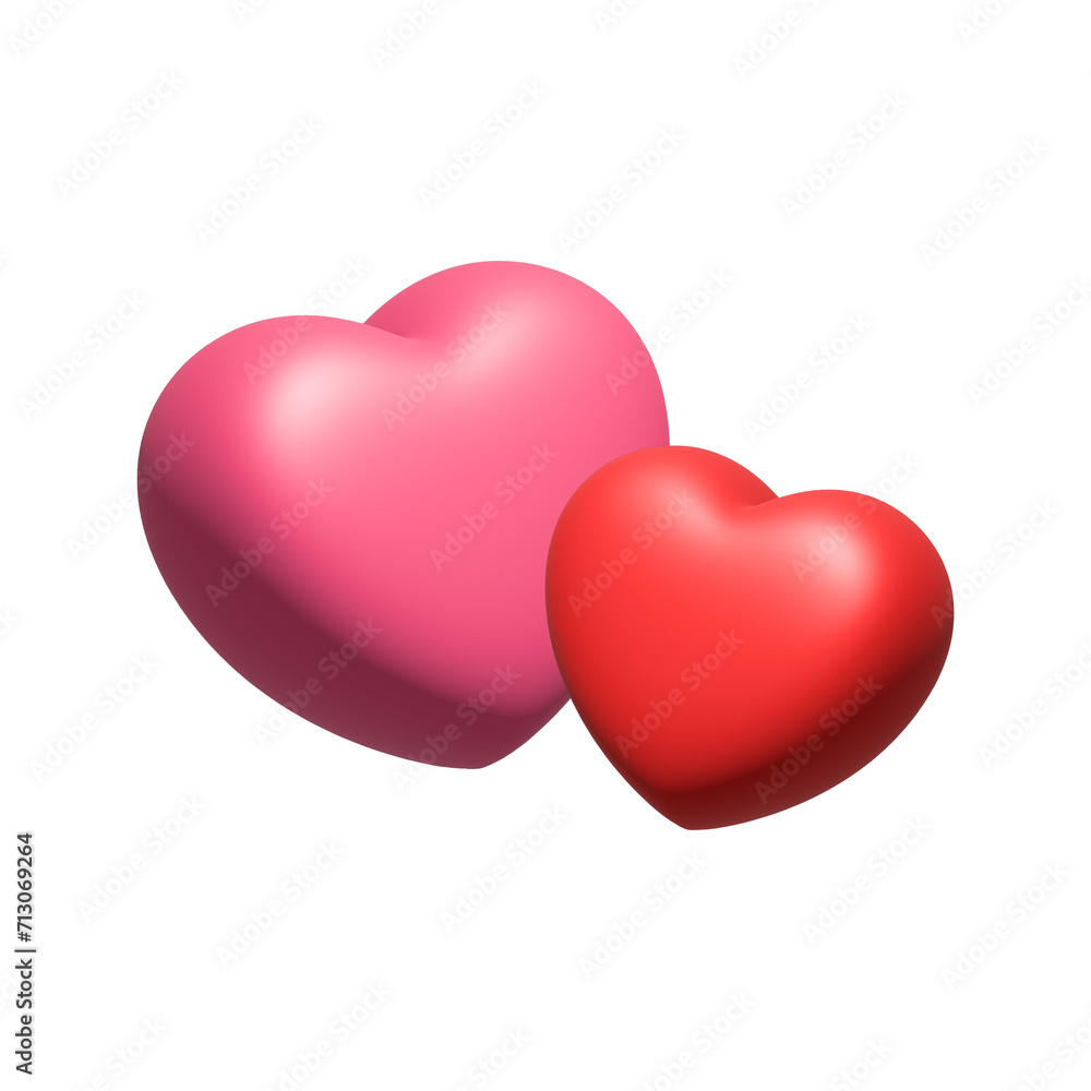 Red, pink heart. Realistic 3d design element, icon isolated on white background. Love symbol. Render illustration for decoration.
