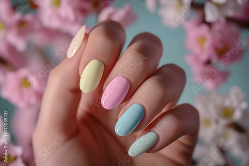 hand with perfect manicure in pastel colors for spring, cherry blosson, nail salon ad