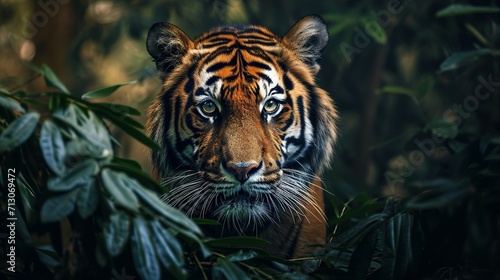 wall poster of tiger in jungle with close-up intensity style, saturated color scheme