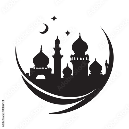 Islamic mosque icon set. Muslim masjid with dome and minaret in black filled and outlined style. photo