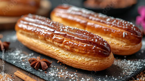 Close-Up Glazed Eclairs with Sugar and Spices 