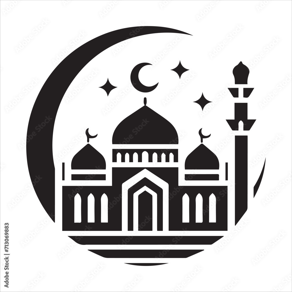 Islamic mosque icon set. Muslim masjid with dome and minaret in black filled and outlined style.