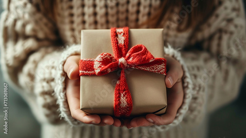 girl holding a box with a gift in her hands. selective focus. Generative AI,