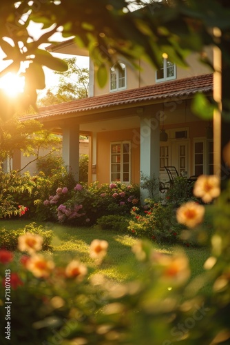 The sun is setting behind a house in the garden. Perfect for capturing the beauty of a sunset and the peacefulness of a garden. Ideal for home decor, real estate, or nature-themed projects