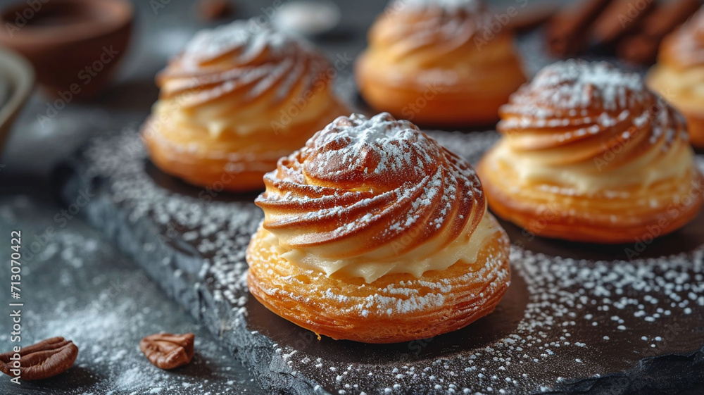 Fresh Baked Cream Puff on Wooden Surface
