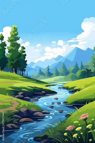 River landscape illustration in cartoon stile.