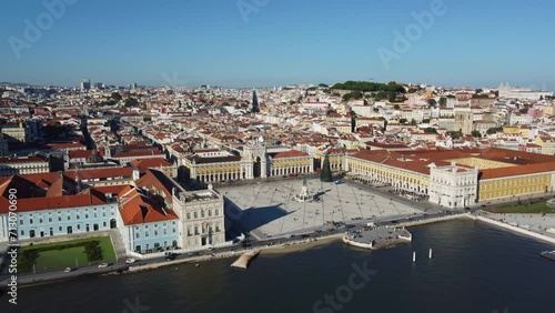 Lisbon, Portugal: Aerial drone footage of the famous Praça do Comércio, the Commerce Place, in the heart of Lisbon old town and Portugal capital city along the Tagus river.  photo