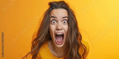 A woman with a surprised expression on her face. Perfect for conveying shock or astonishment in various contexts photo