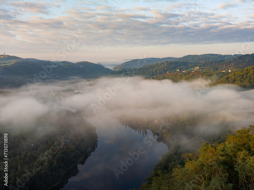 View of Vltava river. Meander from Solenice , aerial drone pic, Czech Republic