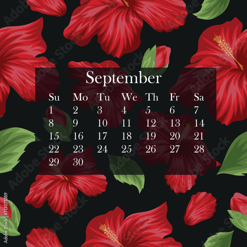 September 2024 floral calendar of open red mallow buds, unopened buds and green leaves on black background, vector