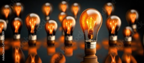 Bright Ideas Row A single shining light bulb standing out in a captivating row of incandescent bulbs