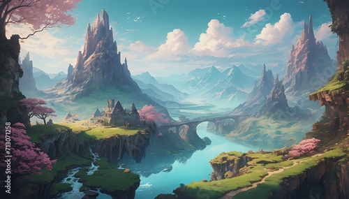 mountains of fantasy world natural scene unrealistic magical world illustration 