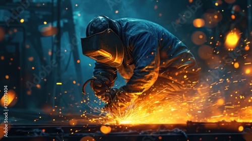 Male welder wearing protective clothing and welding metal with sparks at factory photo