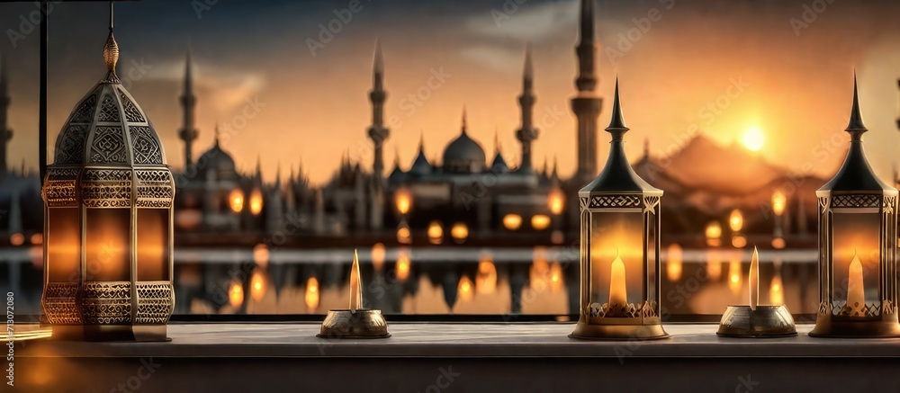 Sacred Illumination A captivating Ramadan Kareem background featuring a mosque and radiant lanterns