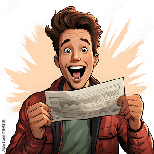 Young adult looking excitedly at a first paycheck isolated on white background, hand drawn, png 