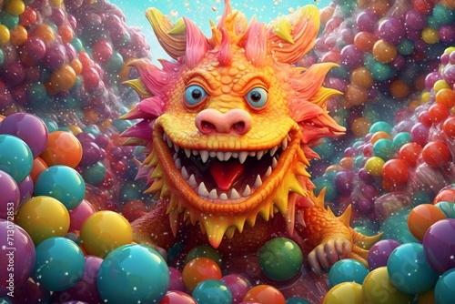 Multicolored fantasy beast underwater in a pool. The friendly creature is surrounded by colorful toy balls. Made with software. Generative AI