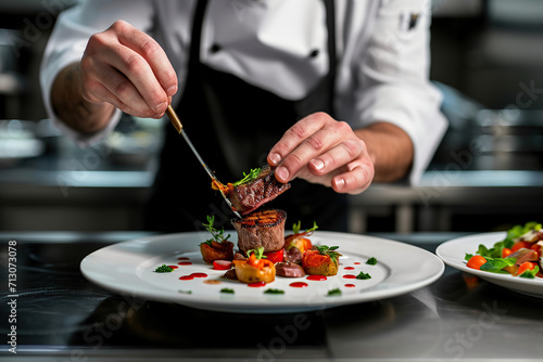close up horizontal image of a fine dining chef finishing to decorate a fancy beef dish AI generated photo