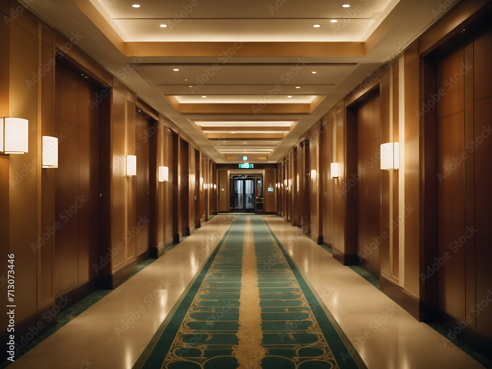 Interior of hotel corridor with elevator design.