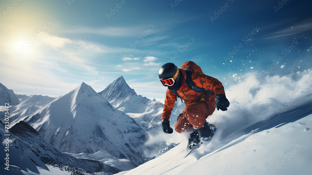Young man snowboarder running downhill