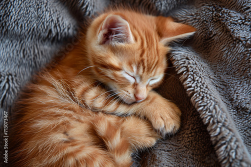 A cute red kitten taking a nap on the bed, sweet feline pet sleeping