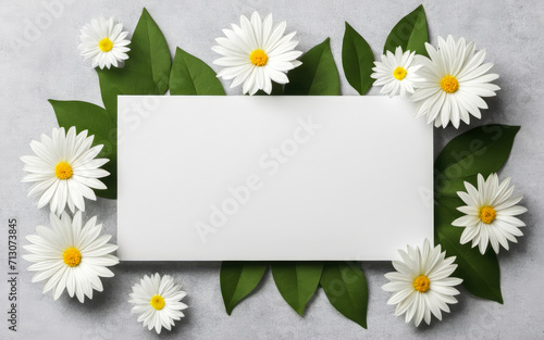 Blank greeting paper card, invitation mockup scene top view with chamomile flowers. Elegant stationery on white table background © Celt Studio