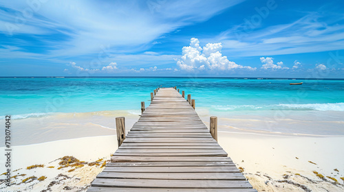 A beautiful wooden walkway or pier leading into a clear blue ocean on a sunny day, perfect summer vacation, travel inspiration