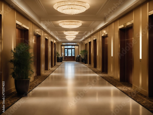 Interior of hotel corridor with elevator design. © Mahmud